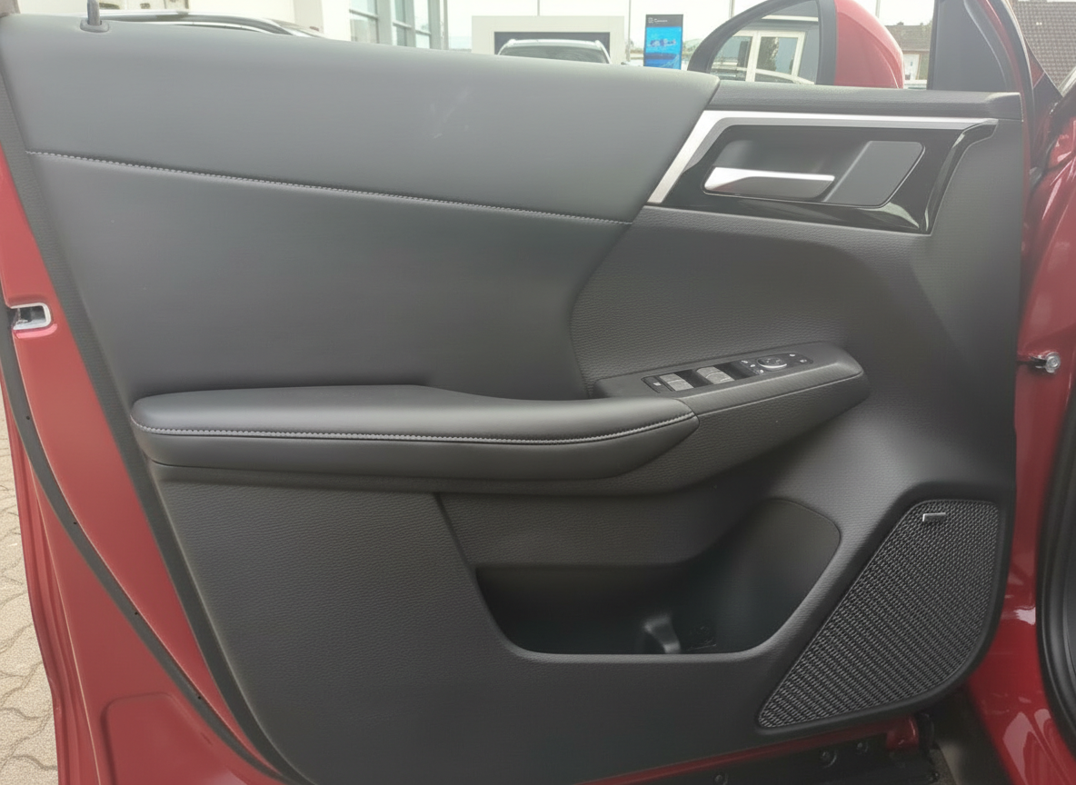 Rotes Fahrzeug Innenraum Fahrertür mit Leder-Türverkleidung, Fensterheber und Lautsprecher