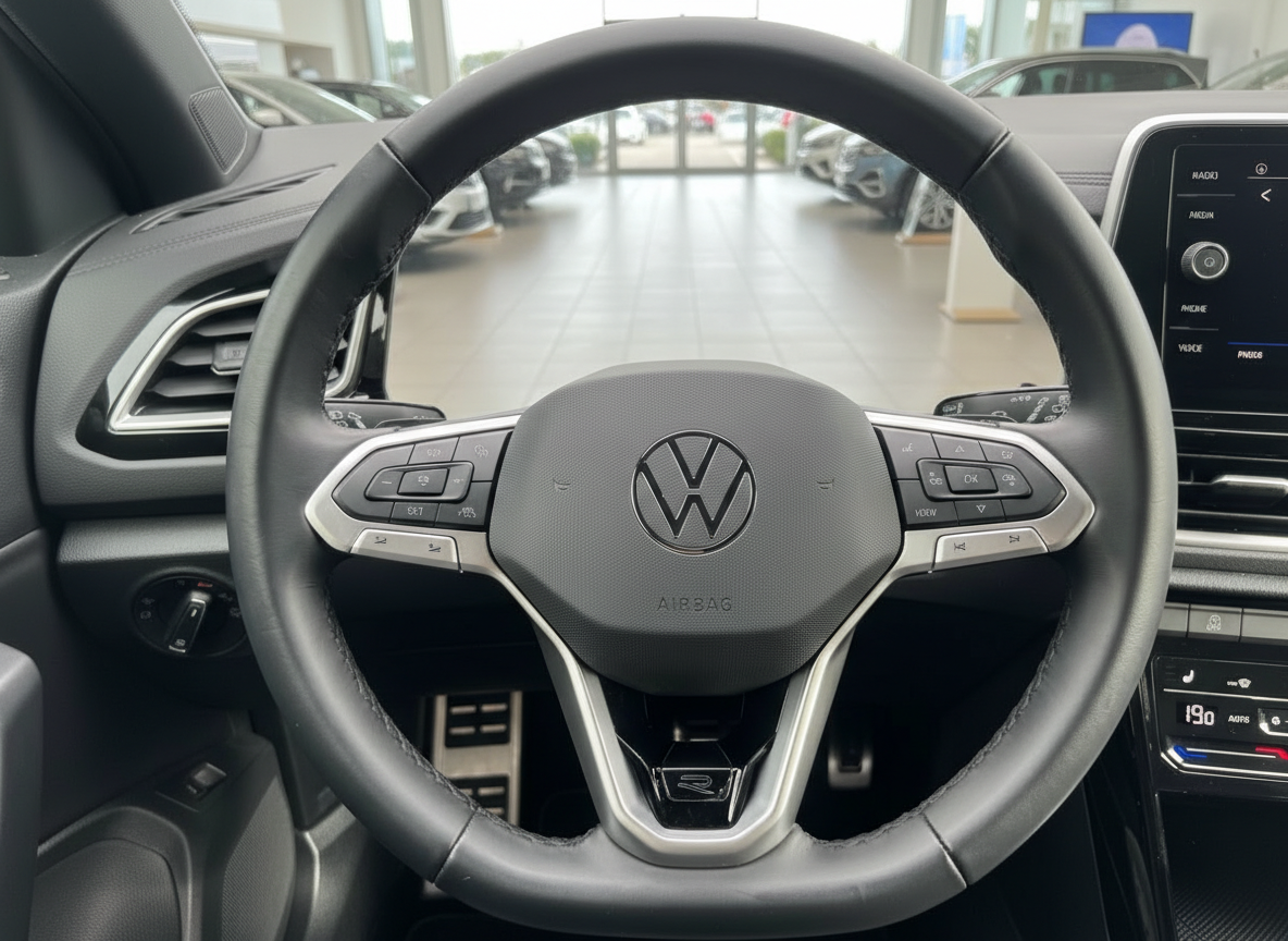 Volkswagen Innenraum Lenkrad mit VW-Logo und R-Line Badge im Autohaus