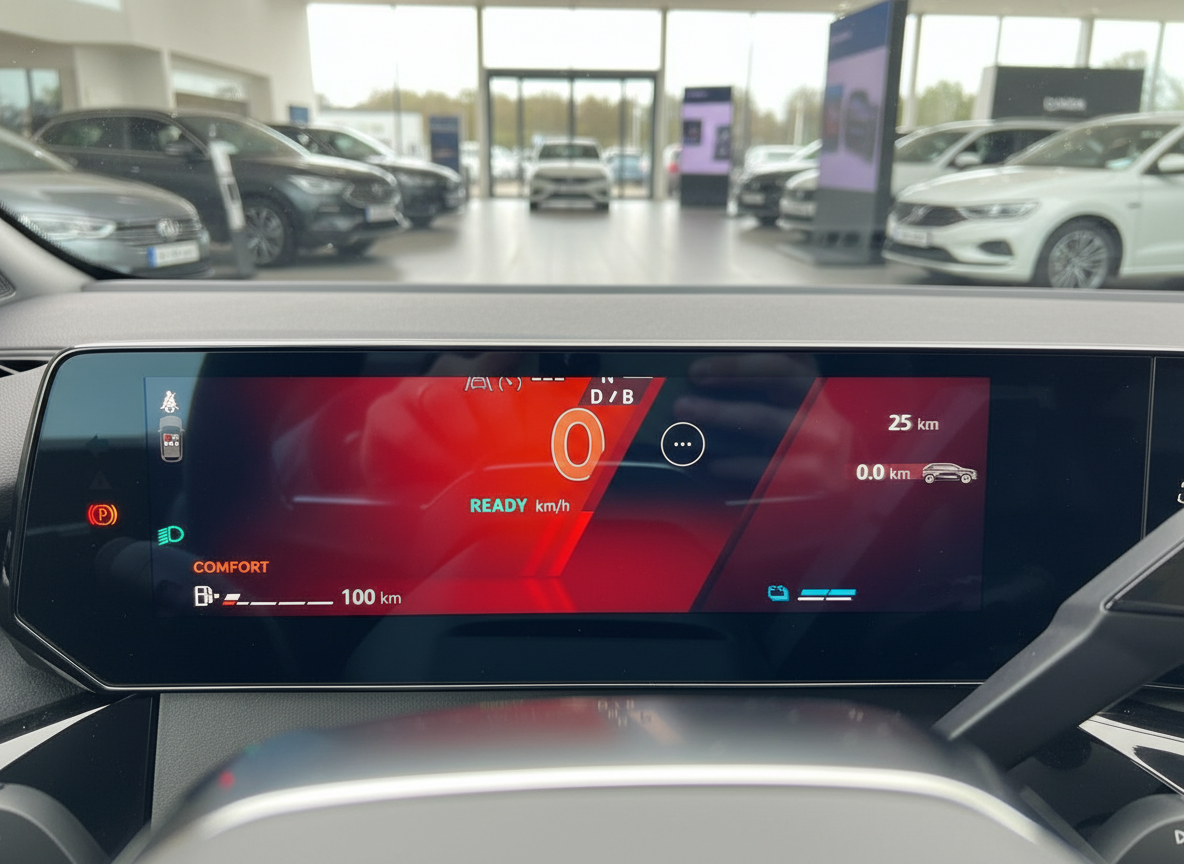 Digitales Cockpit-Display eines Elektrofahrzeugs mit 0 km/h Anzeige und 25 km Reichweite im Comfort-Modus