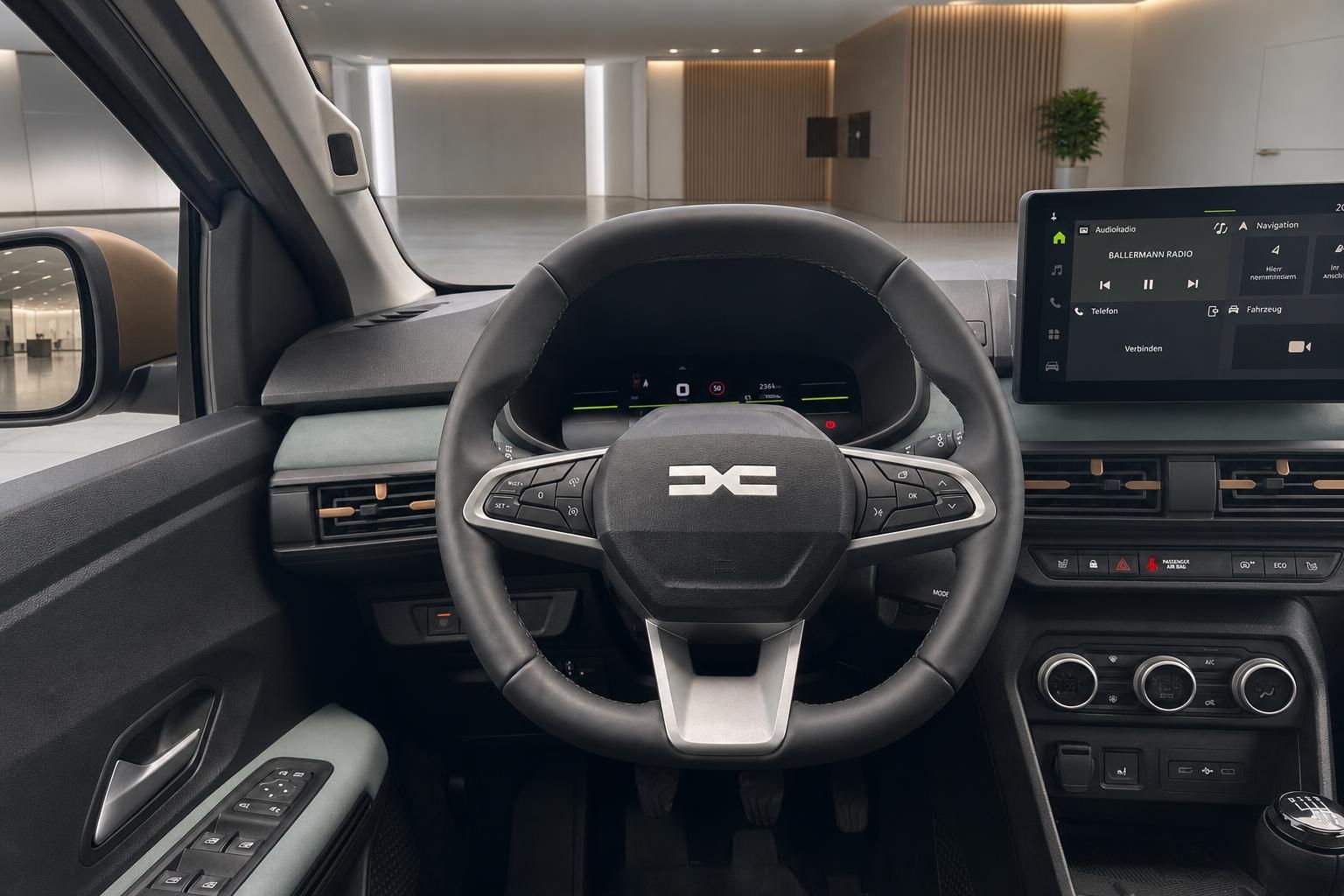 Cockpit Innenraum mit Lenkrad, Touchscreen-Display und modernem Armaturenbrett