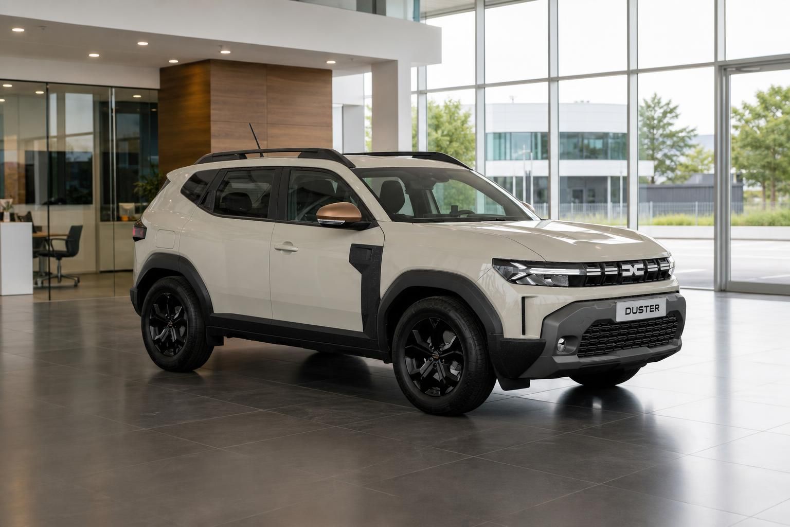 Dacia Duster in Weiss, Frontansicht im Autohaus-Showroom