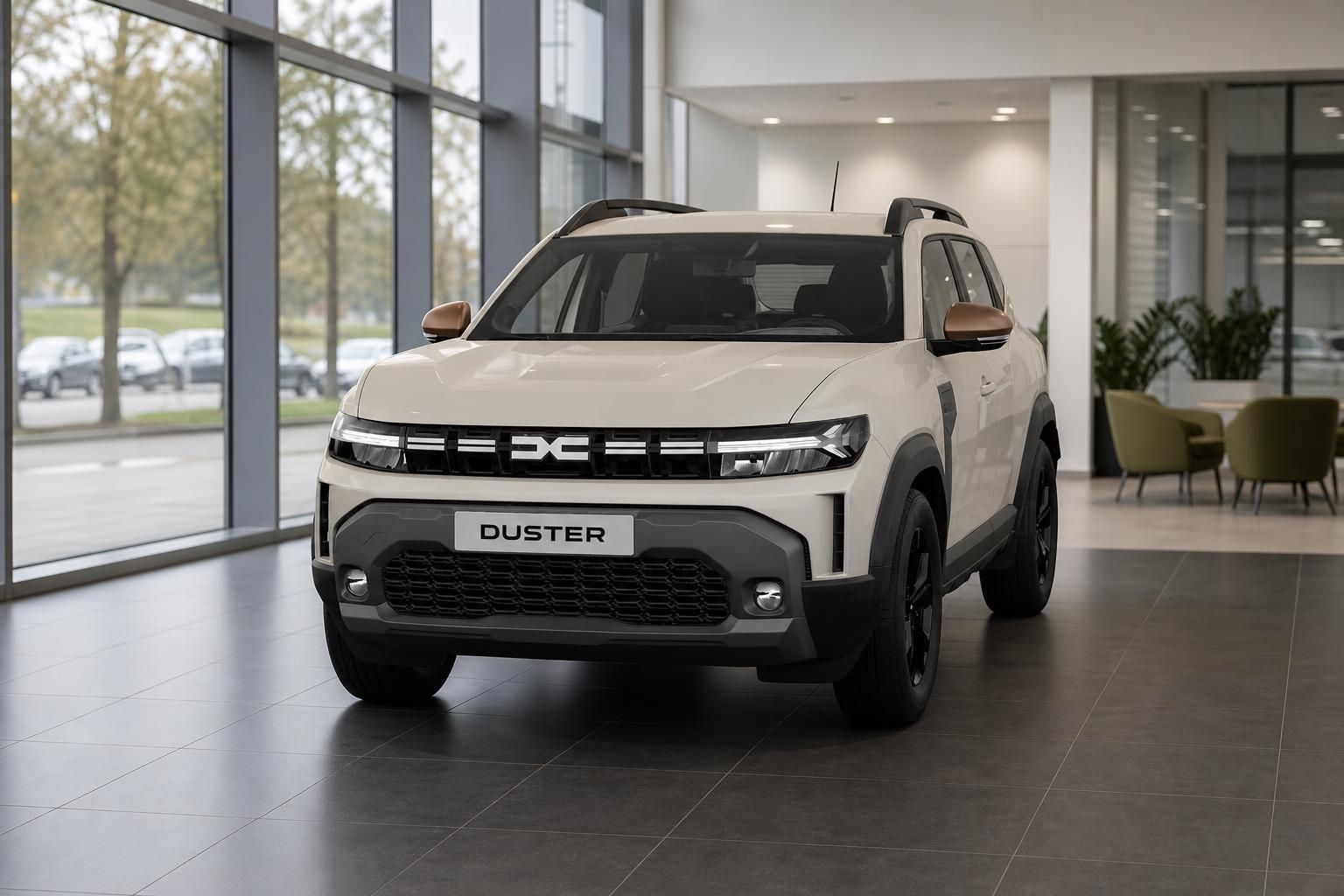 Dacia Duster beige in moderner Autohaus-Ausstellung von vorne