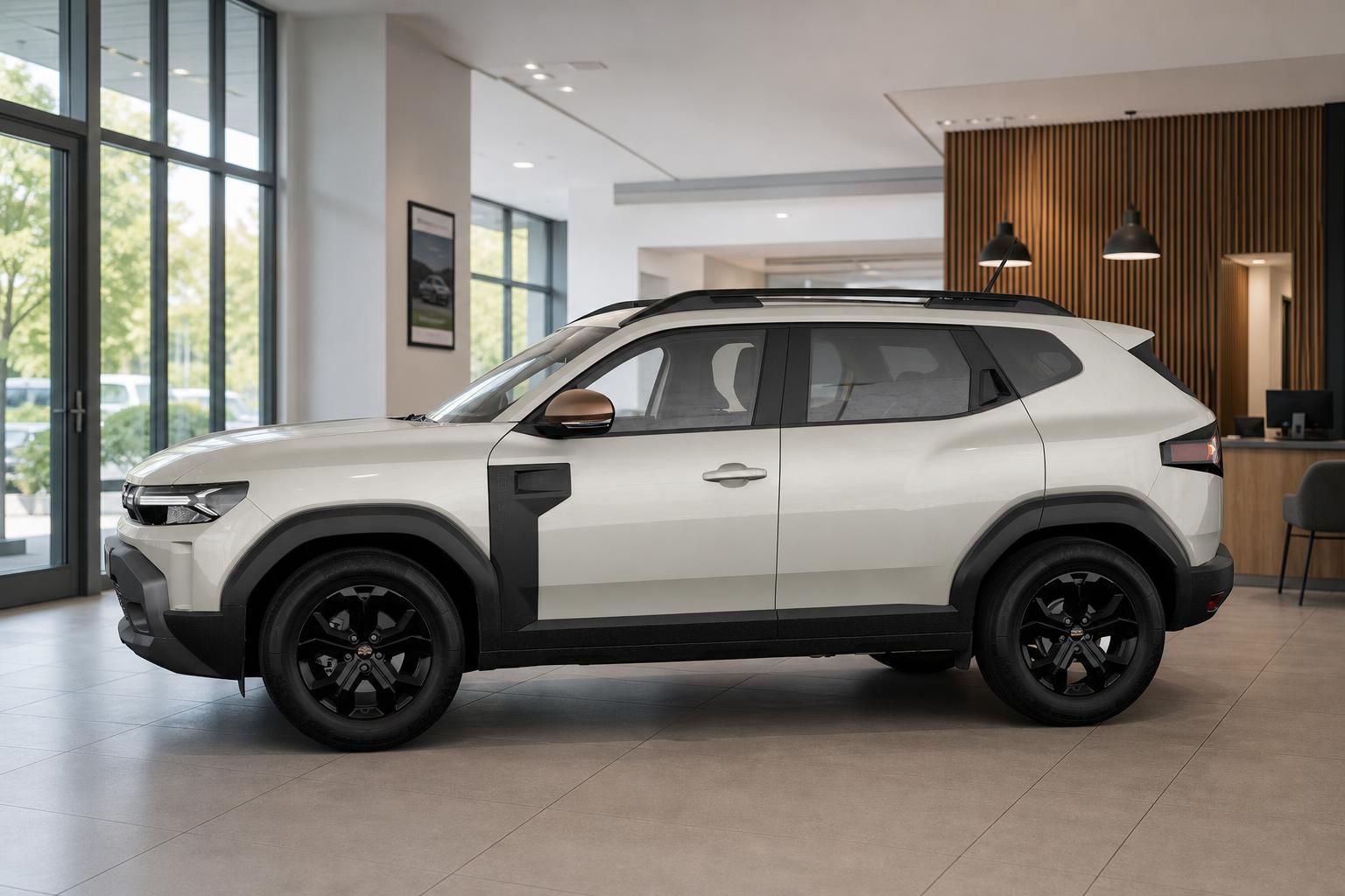 Dacia Duster in Weiß Seitenansicht im Autohaus Showroom