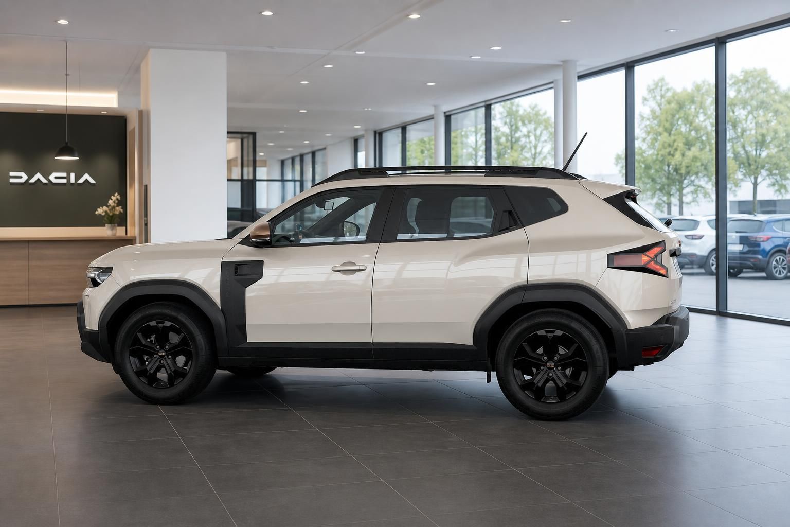 Dacia Duster weiß Seitenansicht im Dacia Autohaus Showroom