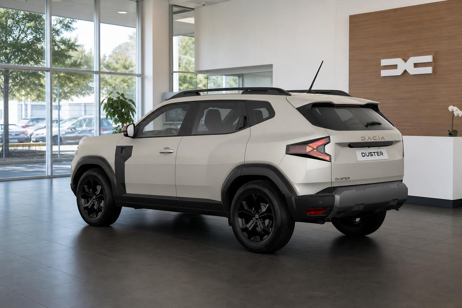 Dacia Duster weiß Heckansicht schräg im Autohaus Showroom