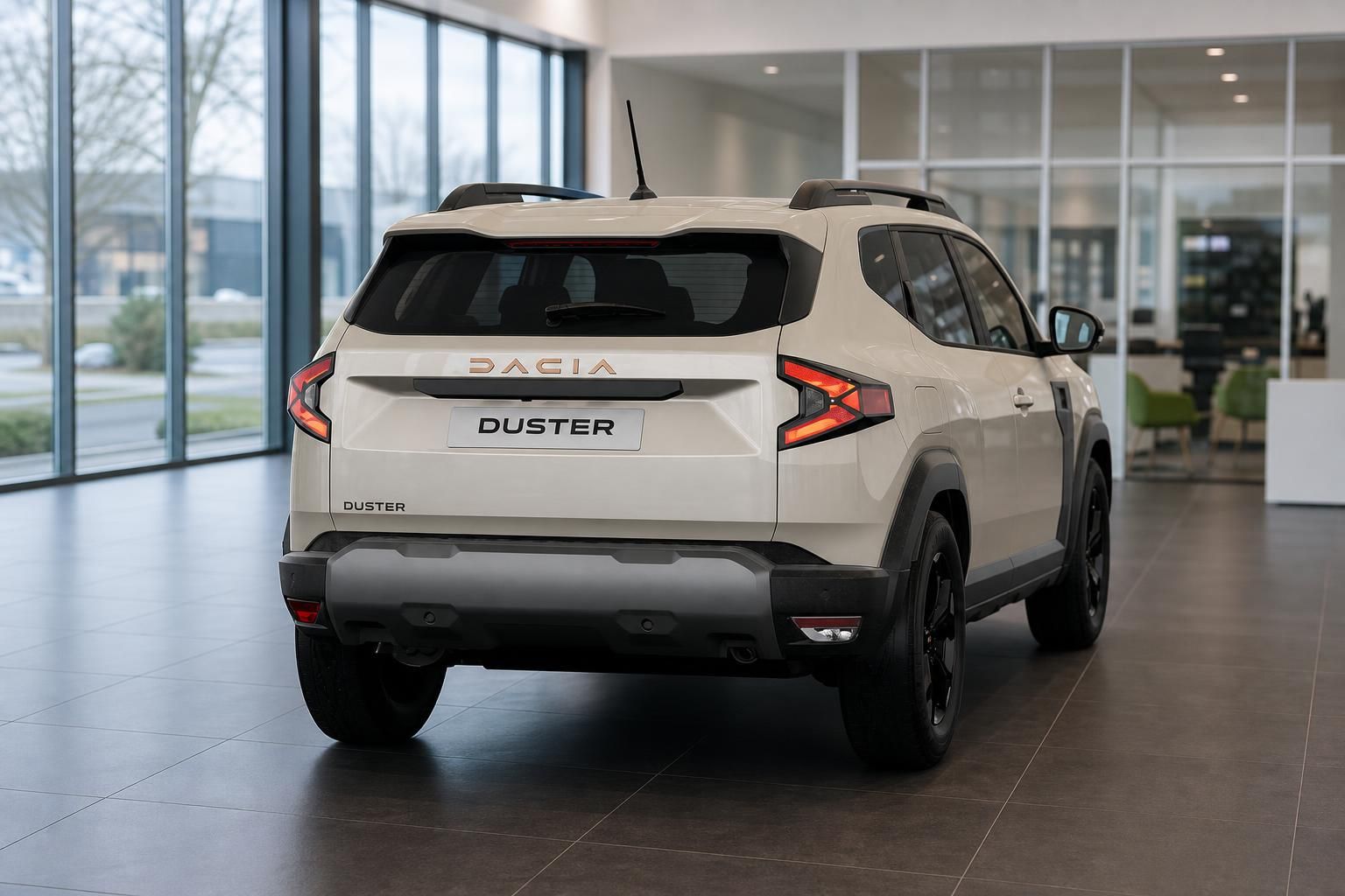 Dacia Duster in Weiss, Heckansicht im Autohaus-Showroom