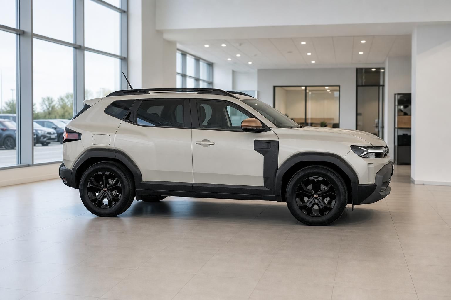Dacia Duster in Weiss, Seitenansicht im Autohaus