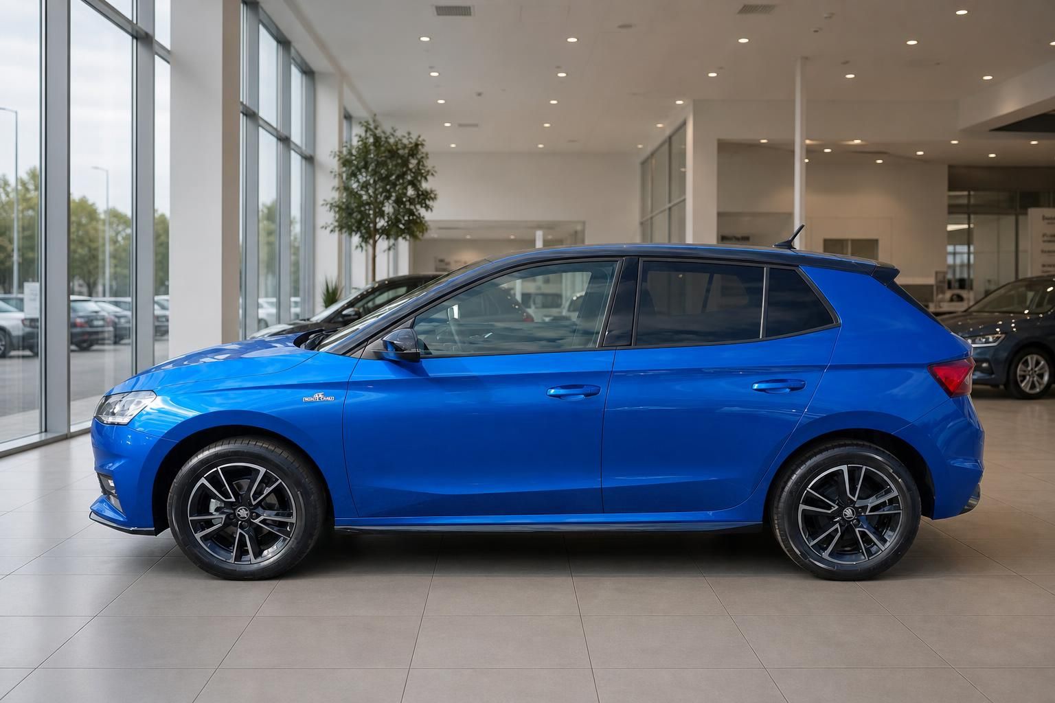 Blauer Skoda Fabia Seitenansicht links - kompakter Kleinwagen mit schwarzem Dach im Autohaus