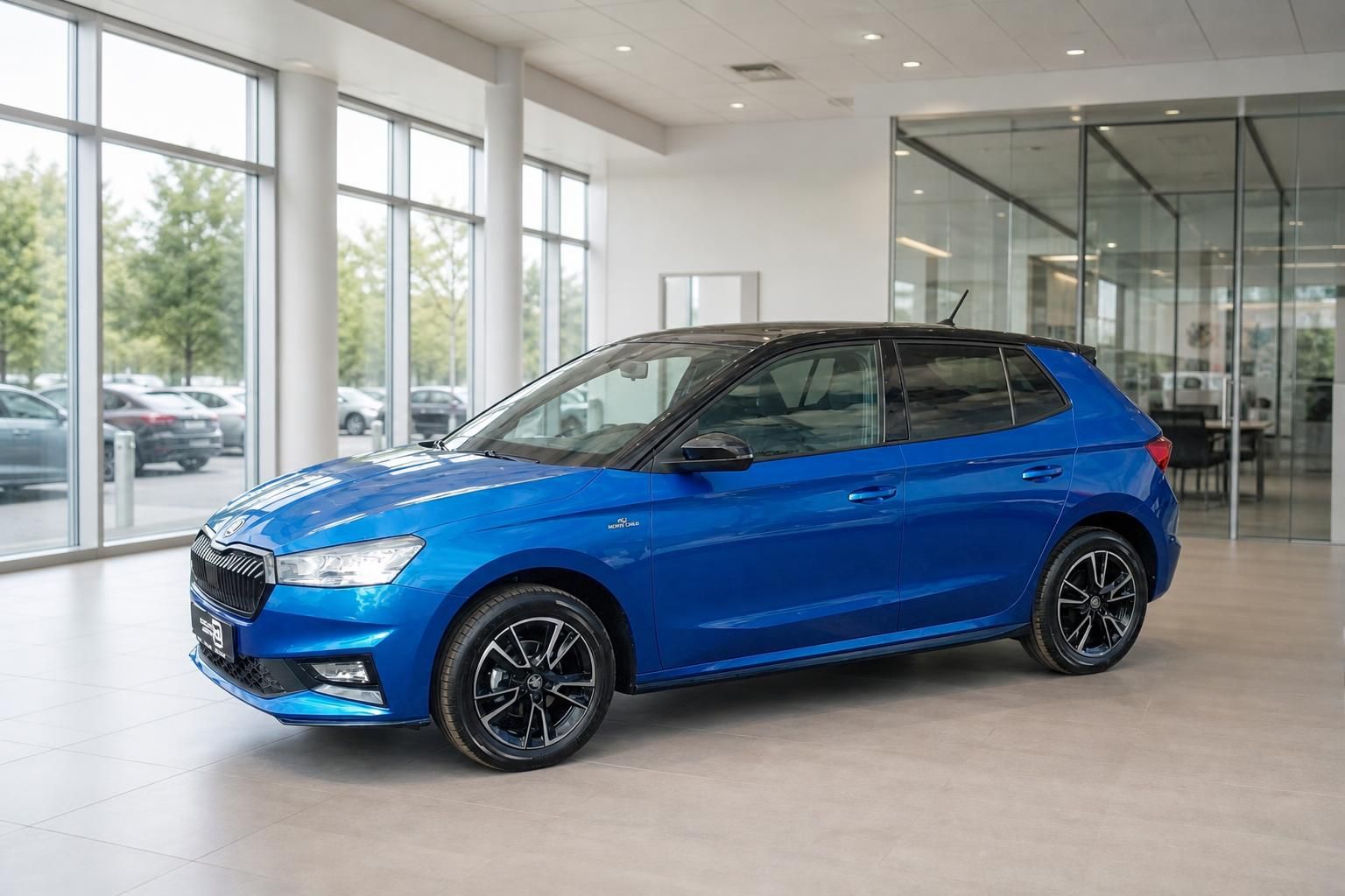 Blauer PKW im modernen Autohaus-Showroom - Schrägansicht mit Glasfassade im Hintergrund