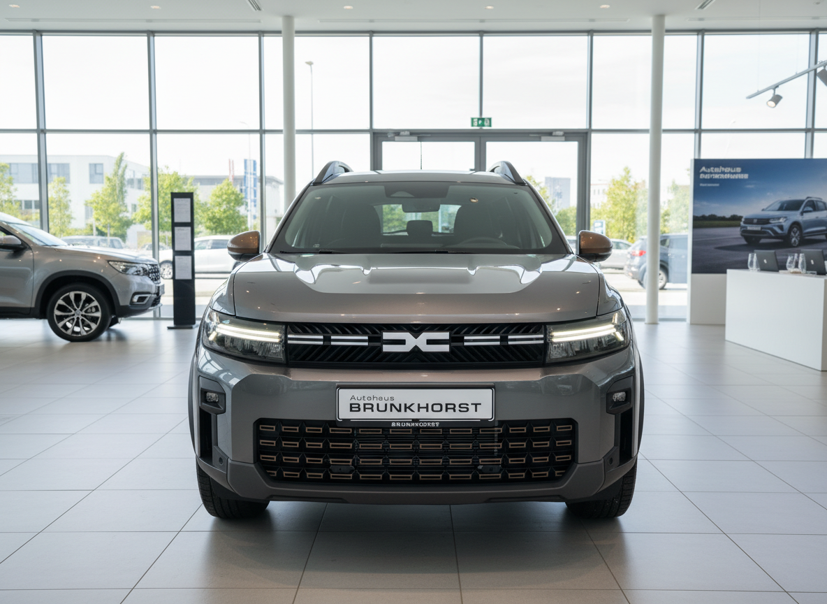 Grauer Dacia Duster Neuwagen Frontansicht im Autohaus Brunkhorst Showroom