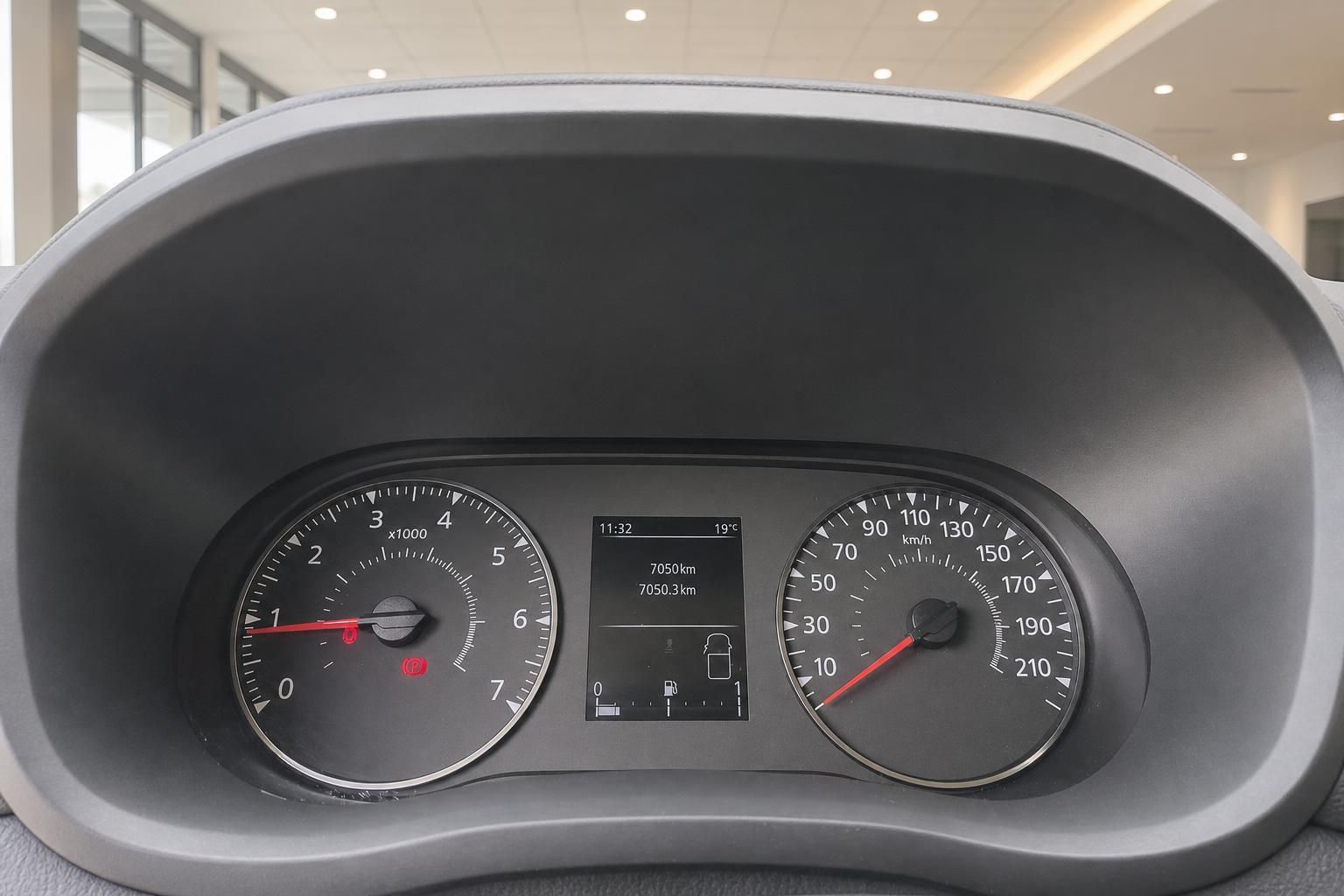 Tacho und Cockpit-Anzeige eines Transporters mit 7050 km Laufleistung