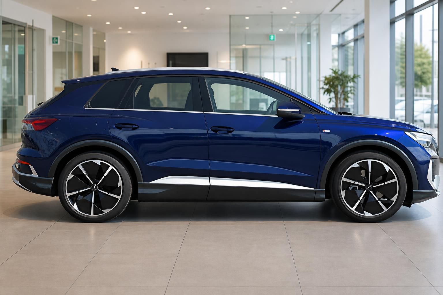 Audi Q4 e-tron blau Seitenansicht links im Autohaus – Elektro-SUV