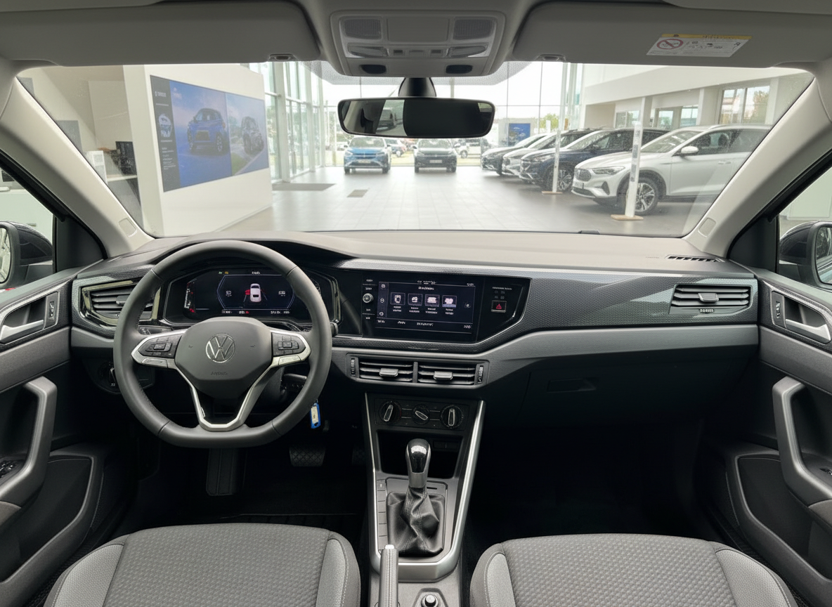 Volkswagen Polo Innenraum mit digitalem Cockpit, Infotainment-System und Schaltgetriebe im Autohaus