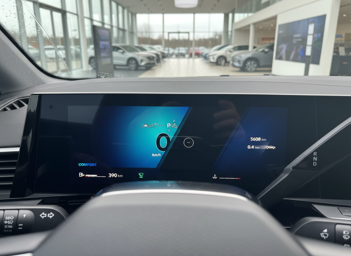 Fahrzeug-Innenraum mit digitalem Kombiinstrument, 0 km/h Anzeige, Comfort-Modus, 390 km Reichweite