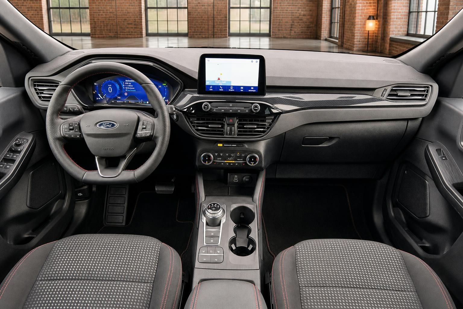 Ford Cockpit Frontansicht mit Lenkrad, Display und Sitzen