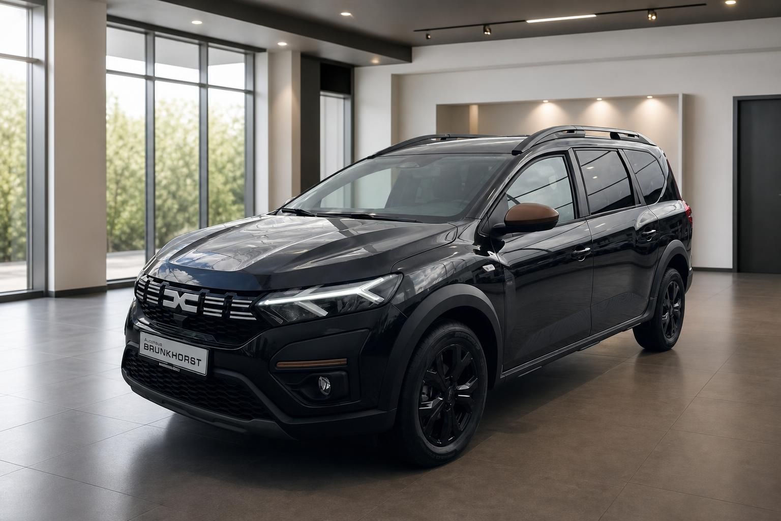 Dacia SUV seitliche Dreiviertelansicht in schwarzer Metallic-Lackierung im Autohaus Showroom