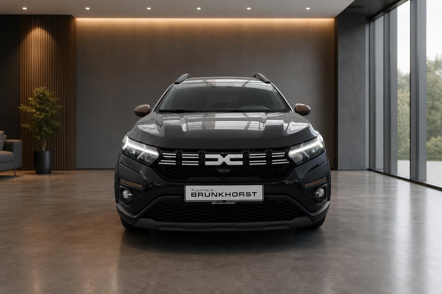 Dacia SUV Frontansicht in schwarzer Lackierung im modernen Autohaus Showroom