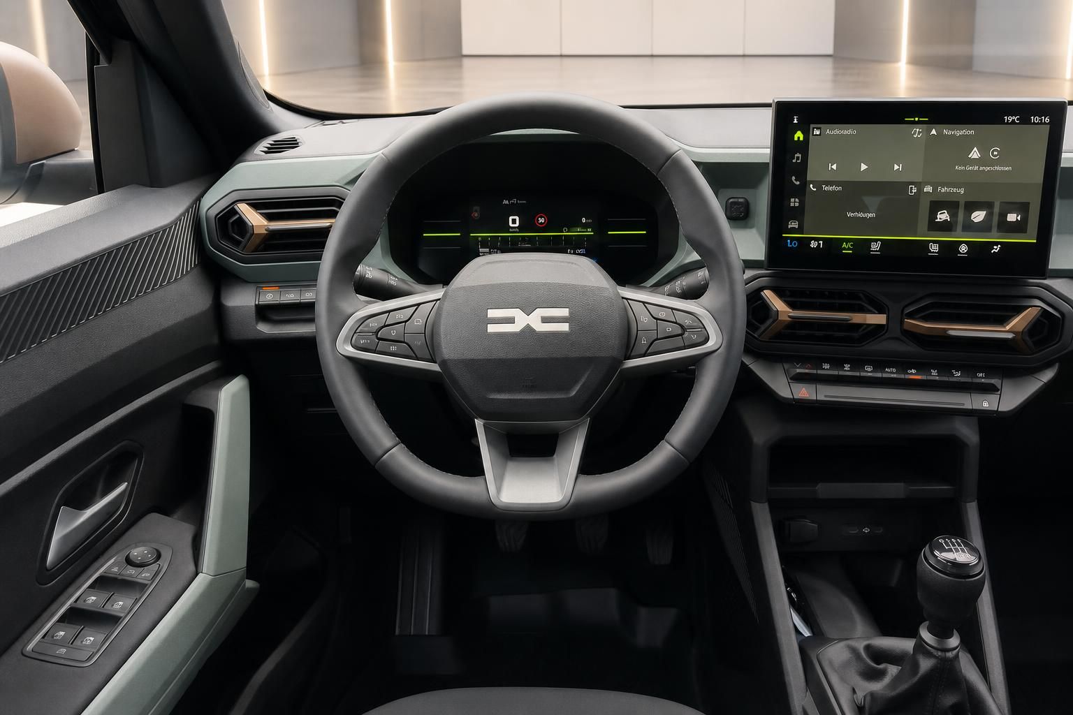 Cockpit mit Lenkrad, Digitaltacho und Touchscreen im Detail
