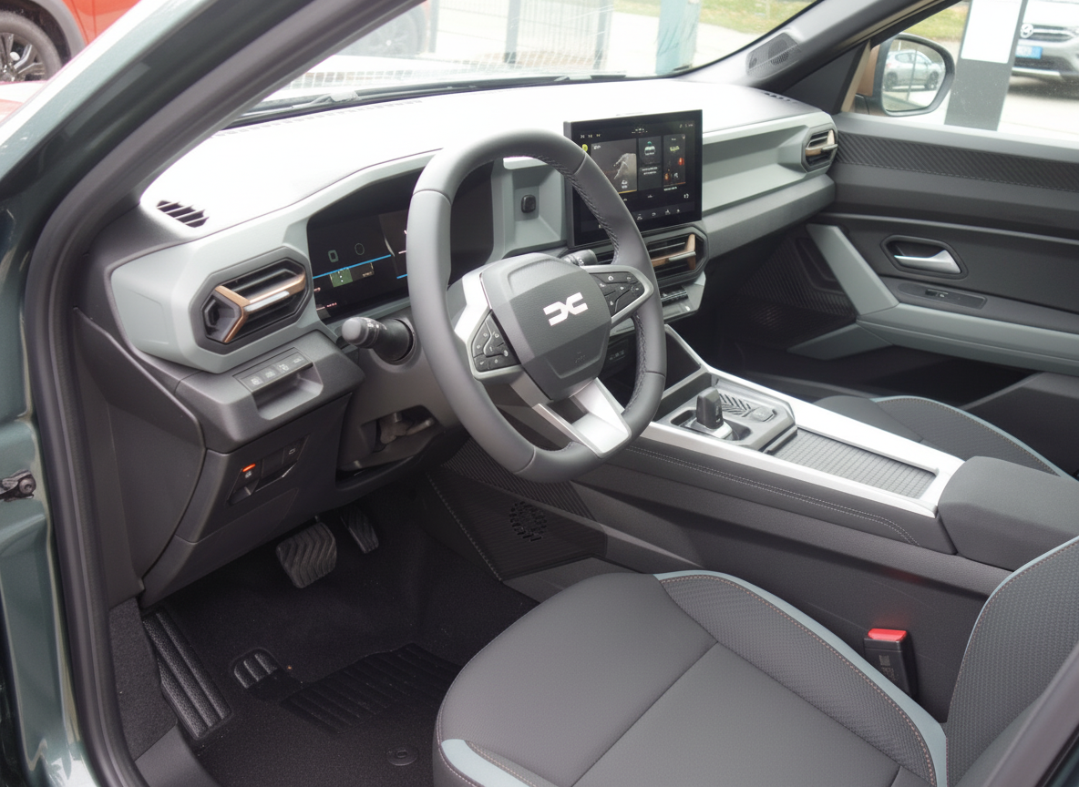 Dacia Duster Innenraum mit Lenkrad, Infotainment-Display und grauem Ledersitz