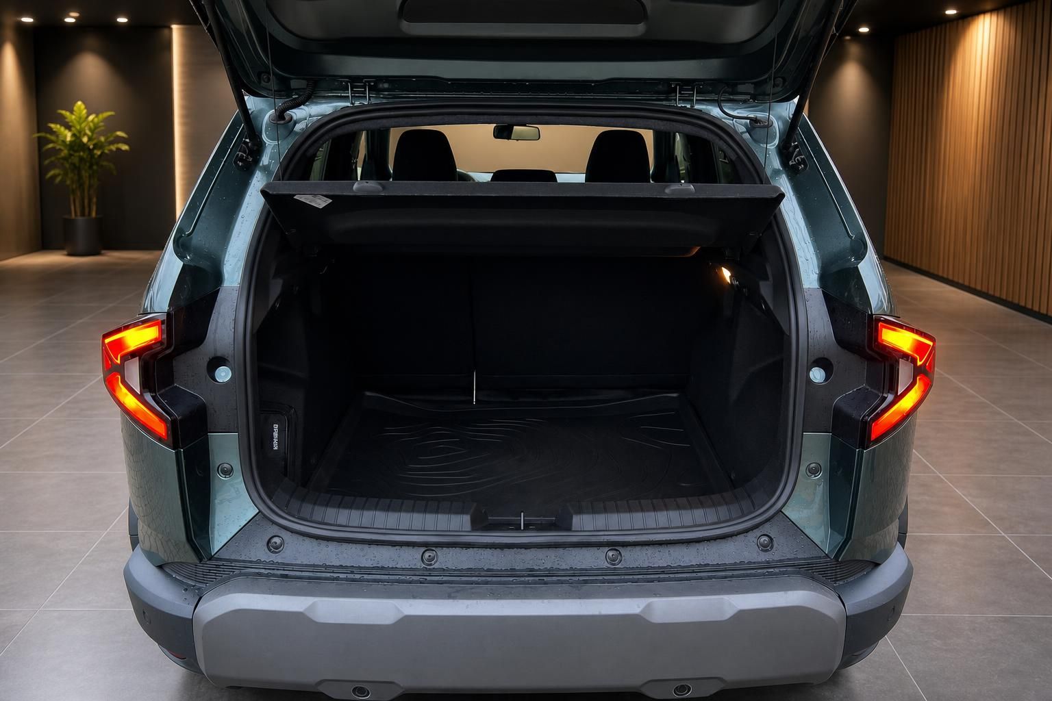 Kofferraum eines SUVs mit geöffneter Heckklappe und LED-Rückleuchten in modernem Showroom