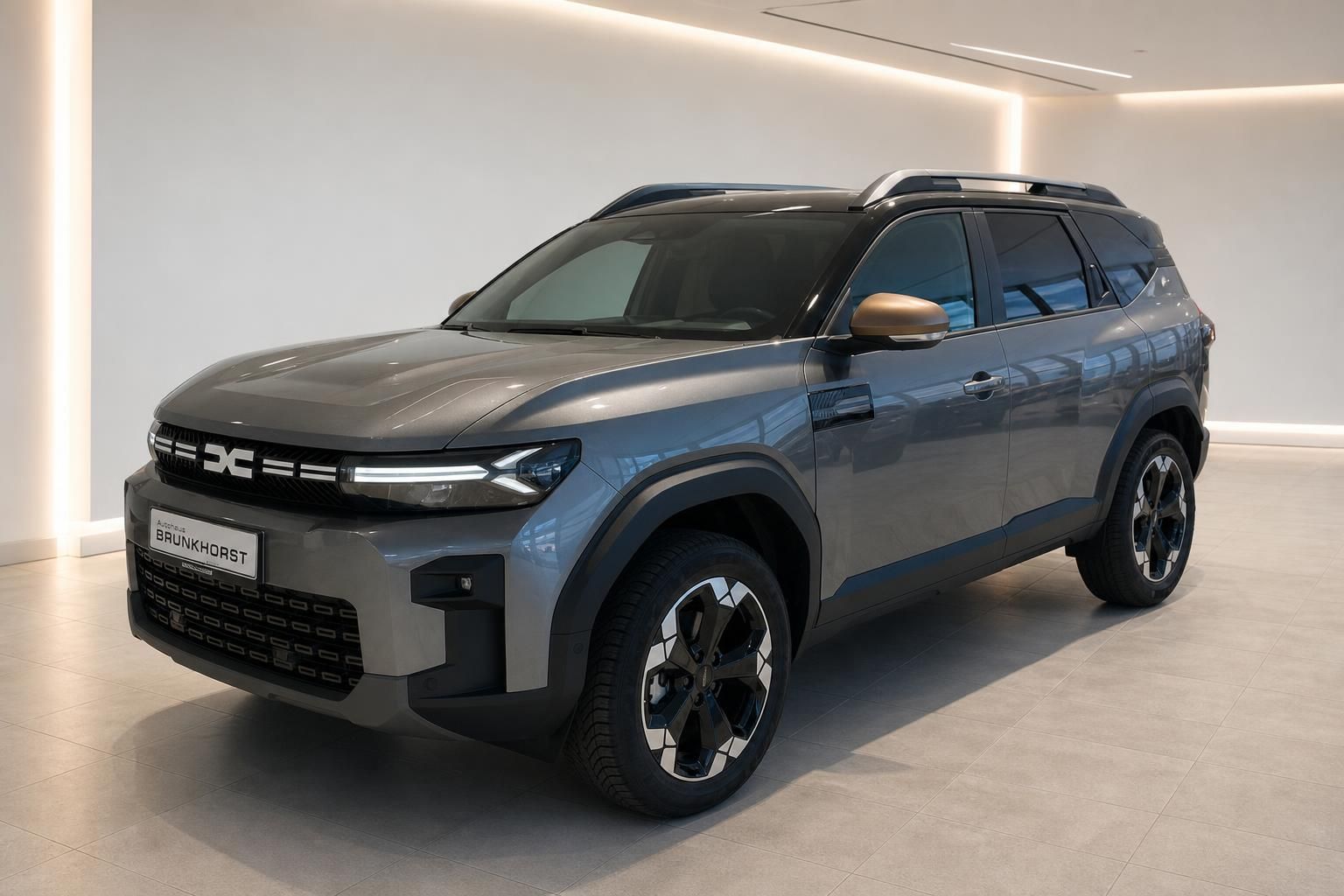 Dacia SUV Seitenansicht in grau mit modernen Felgen im Autohaus