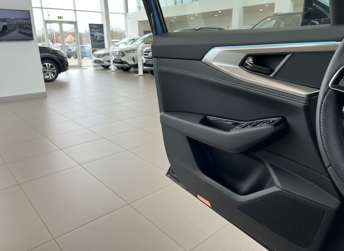 Fahrzeuginnenraum Türverkleidung schwarz mit blauer Ambientebeleuchtung im Autohaus