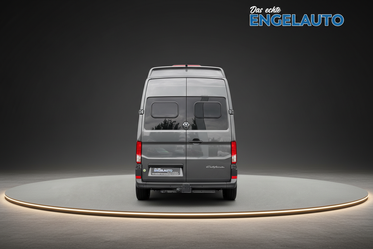 VW Grand California Wohnmobil Heckansicht in Grau mit Hecktüren und Anhängerkupplung auf Drehbühne bei Engelauto Händler