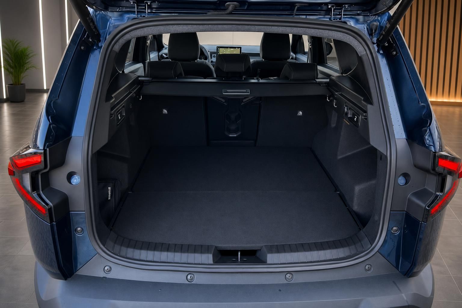 Kofferraum eines blauen SUV mit geöffneter Heckklappe und schwarzer Kofferraumabdeckung