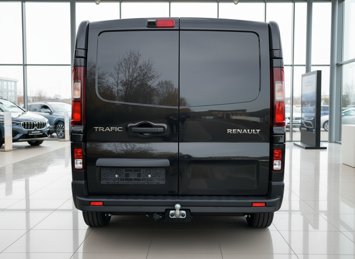 Renault Trafic schwarz Heckansicht im Autohaus mit Anhängerkupplung