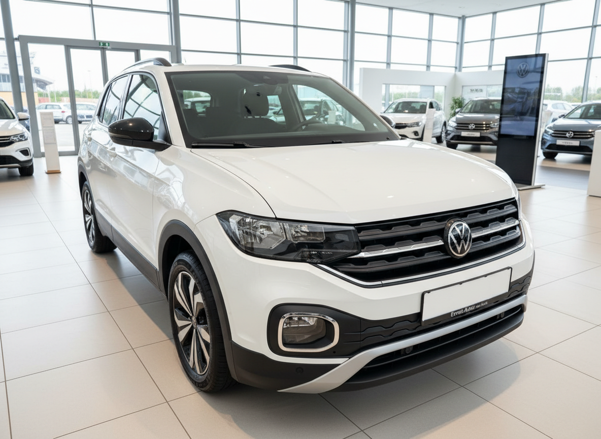 Weißer Volkswagen T-Cross SUV im Autohaus Showroom, Frontansicht