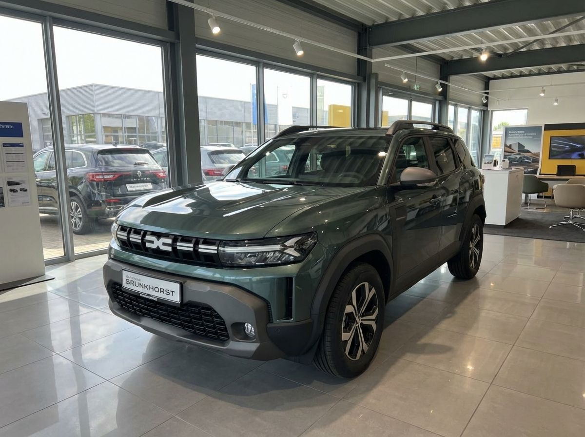 Dacia Duster SUV in Dunkelgrün im Autohaus Brunkhorst Showroom