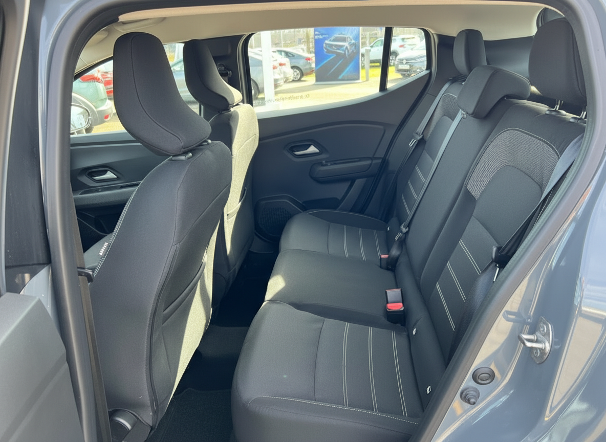 Dacia Sandero Innenraum Rücksitzbank schwarz mit weißen Nähten in grauem Fahrzeug