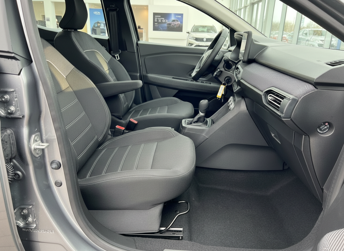 Fahrzeug Innenraum mit schwarzen Stoff-Sitzen, Mittelkonsole und Schaltgetriebe