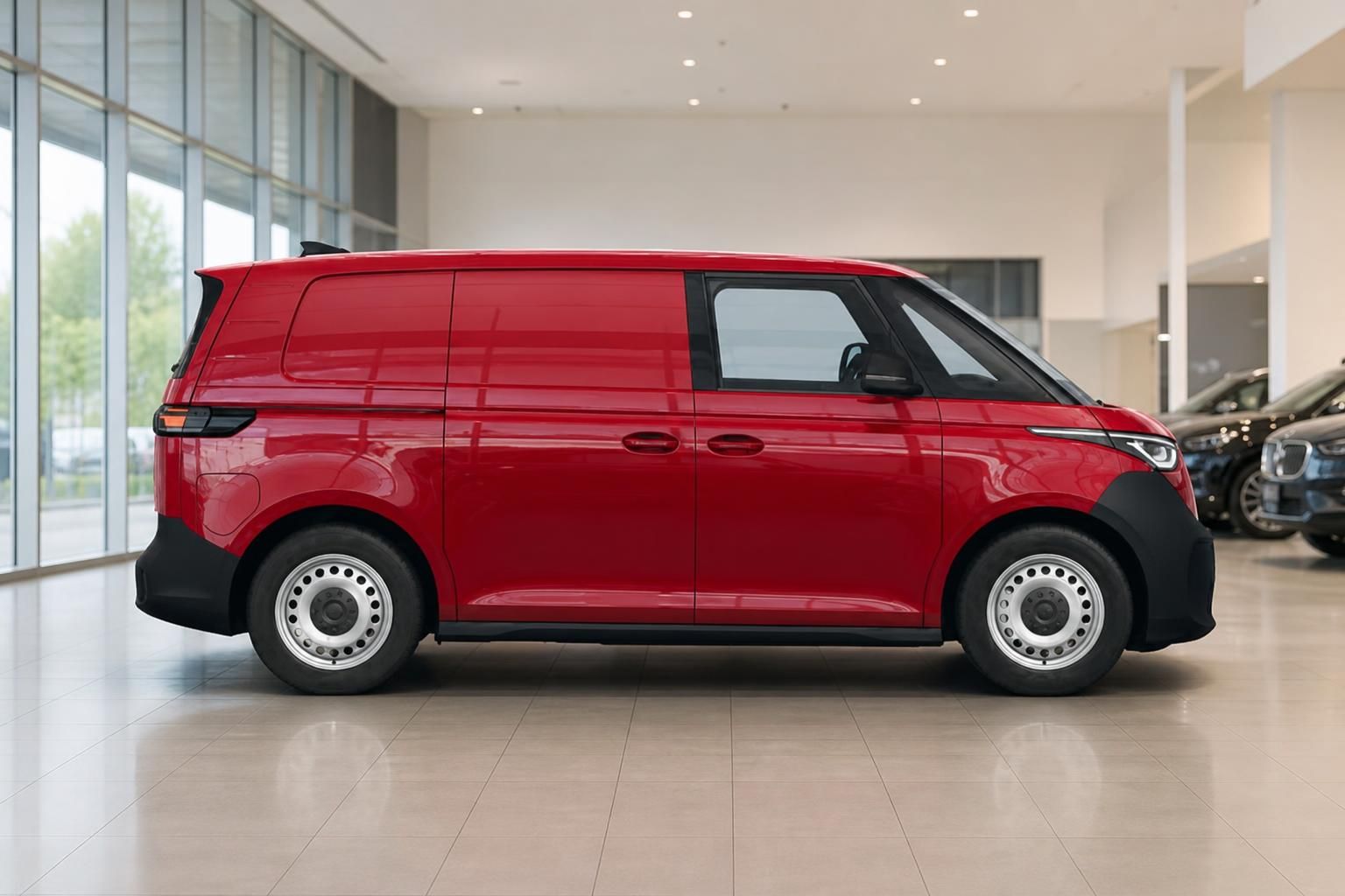 Roter VW Transporter Kastenwagen Seitenansicht im Autohaus – Nutzfahrzeug in Rot