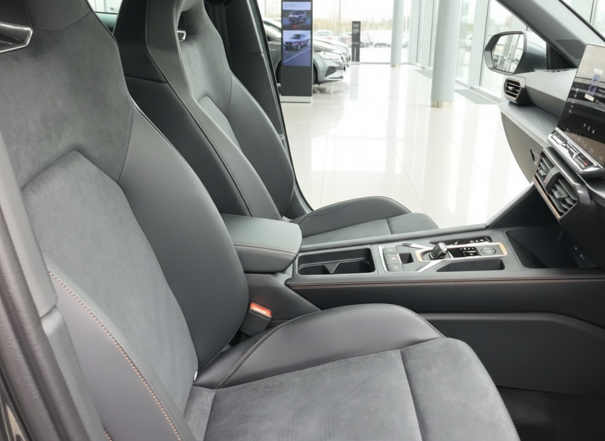 Fahrzeug Innenraum mit sportlichen Alcantara Sportsitzen und modernem Mitteltunnel in Schwarz