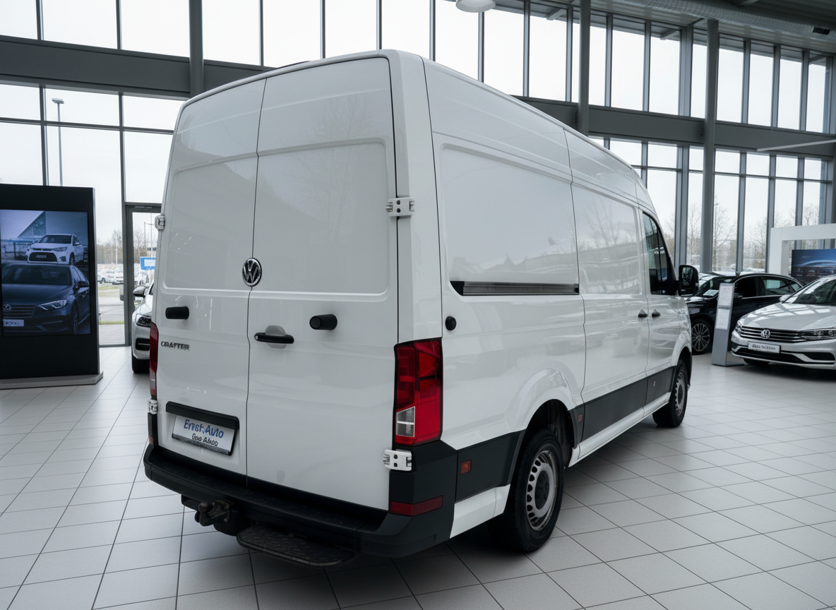 Weißer VW Crafter Kastenwagen Hochdach Heckansicht im Autohaus