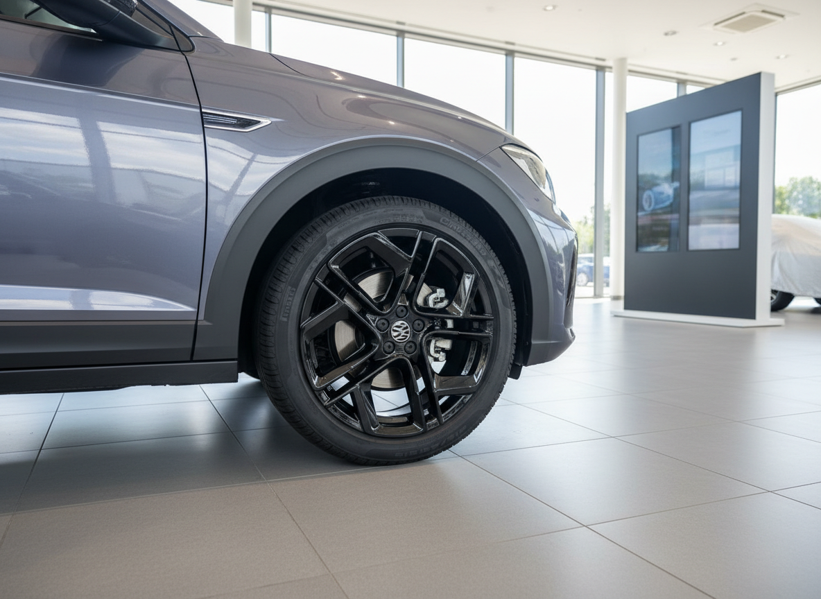 Volkswagen SUV in Grau mit schwarzen Alufelgen im Autohaus Showroom