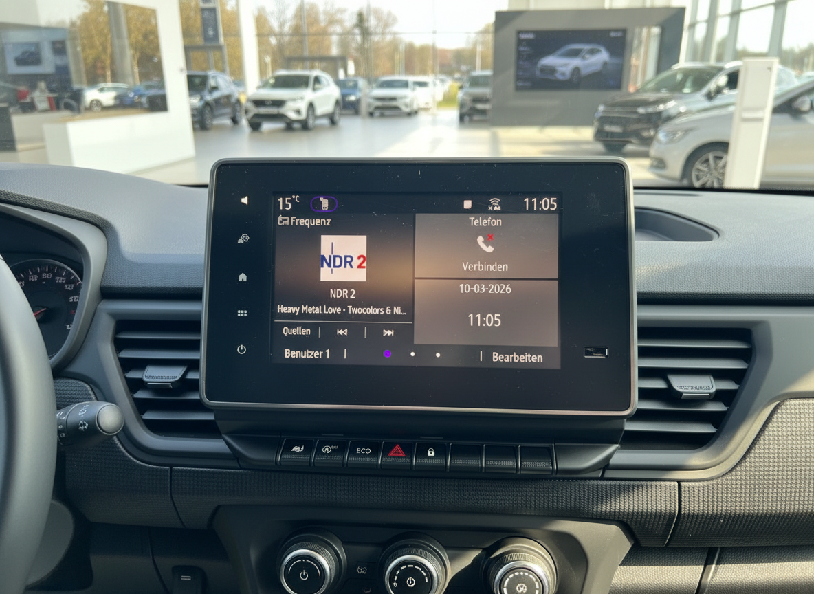Fahrzeug-Infotainmentsystem mit NDR 2 Radio und Telefon-Widget im Innenraum