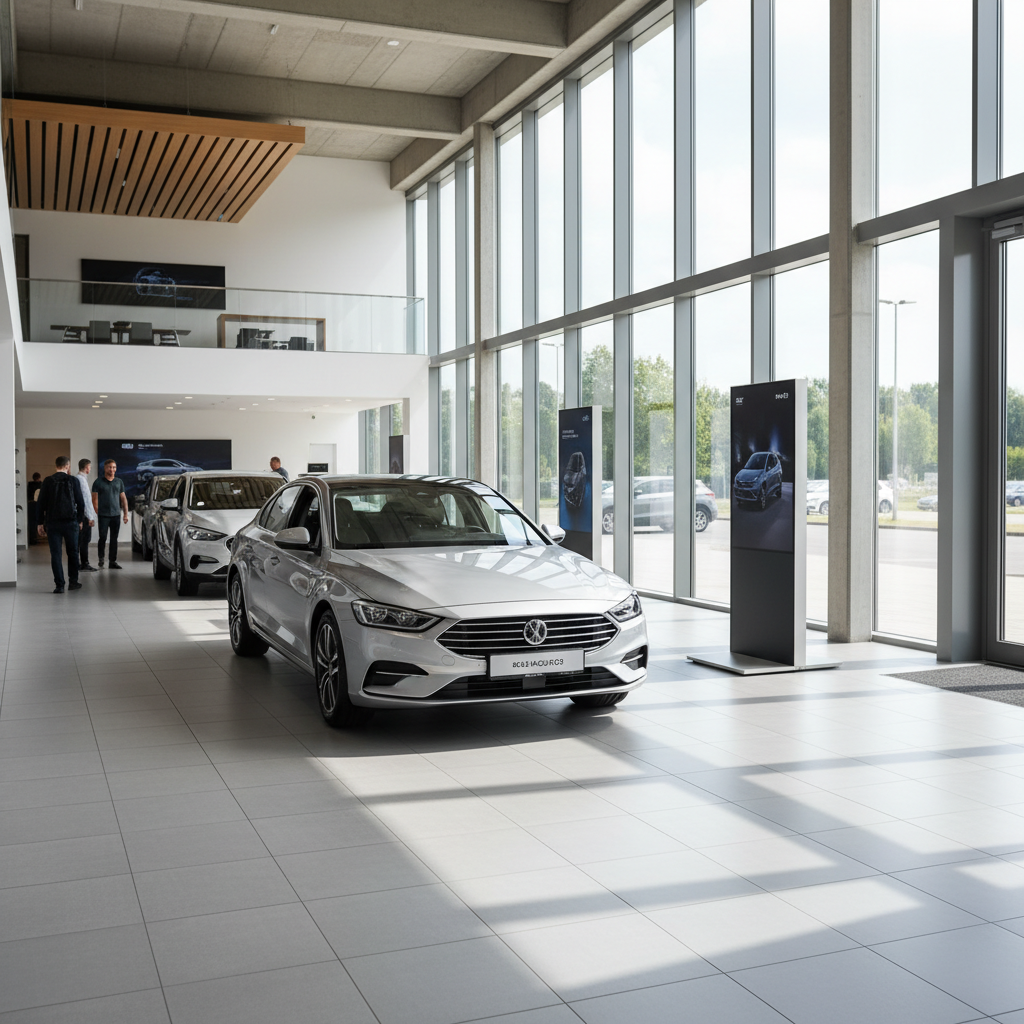 Silberne Limousine im modernen Autohaus-Showroom mit großer Glasfront und weiteren Fahrzeugen