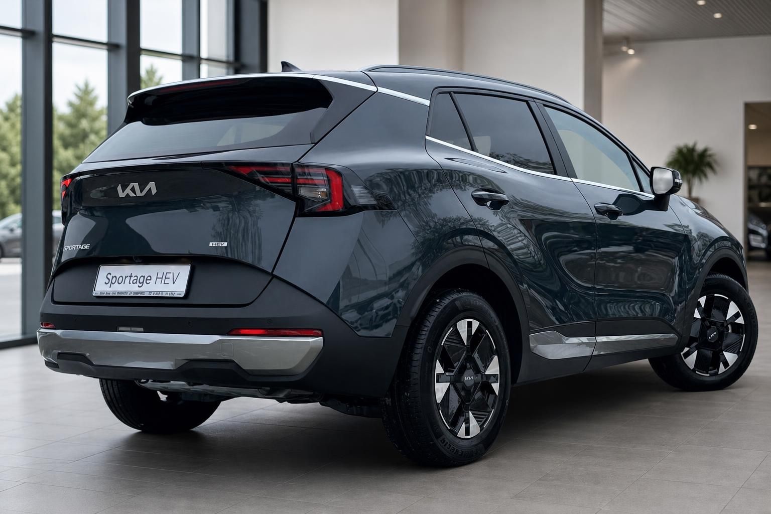 Kia Sportage HEV Heck seitlich, dunkelgrau, Fahrzeugausstellung