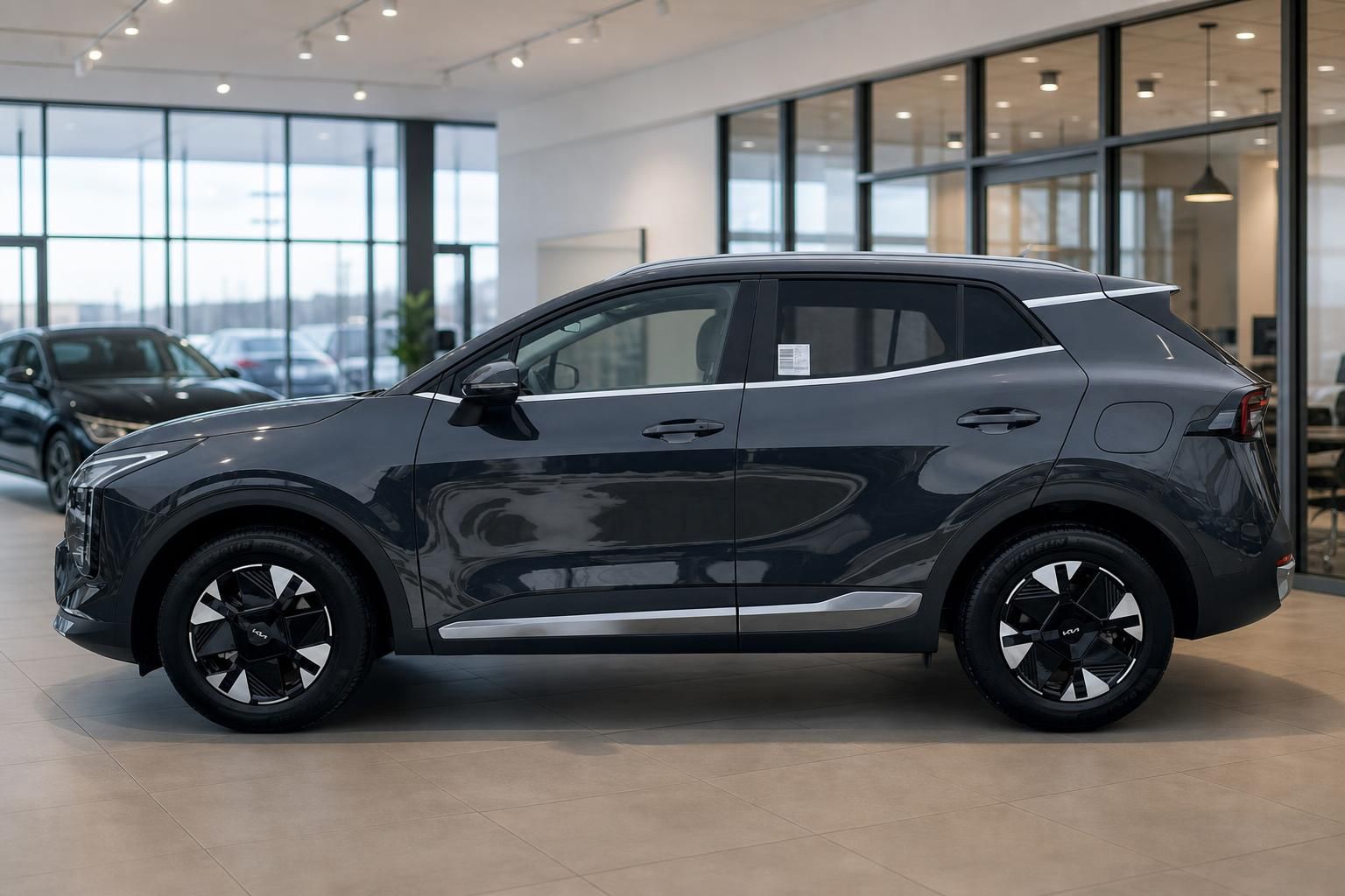 Kia Sportage HEV Seitenansicht in dunkelgrau, Autohaus Showroom