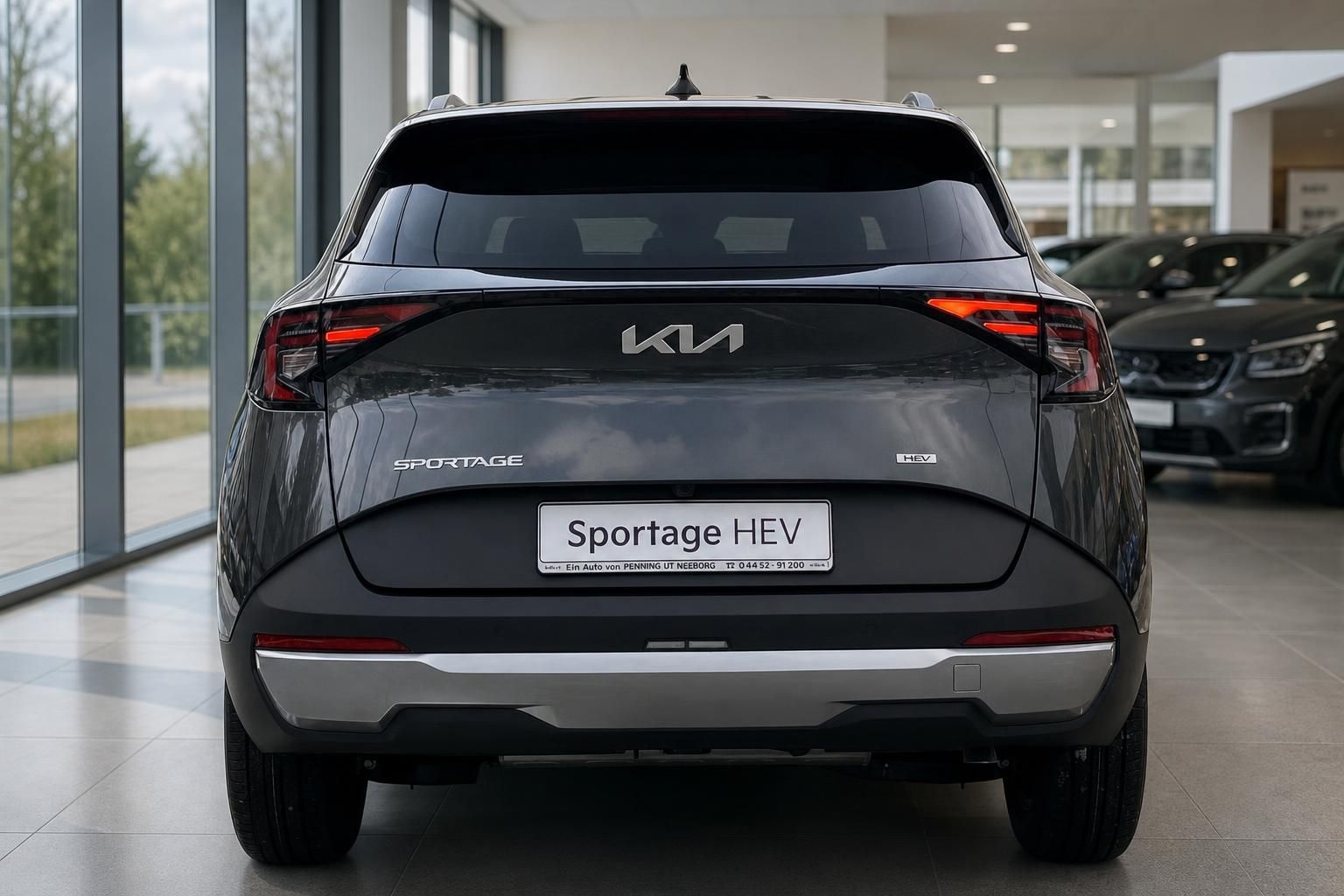 Kia Sportage HEV Heckansicht in grau, Ausstellung im Autohaus