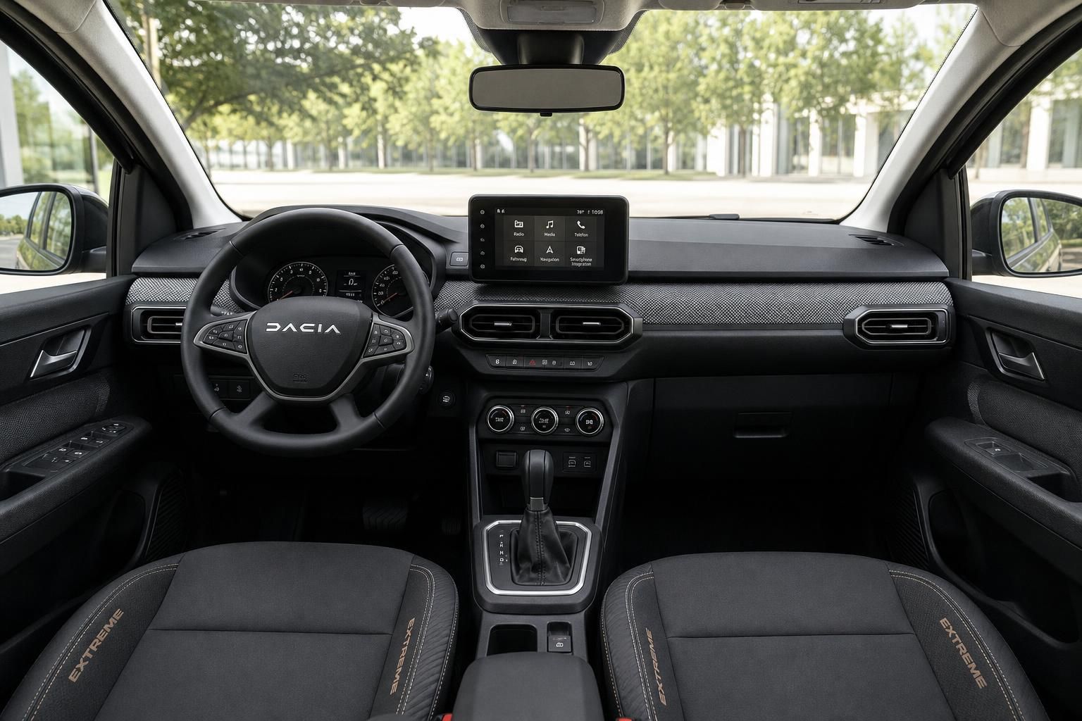 Dacia Cockpit-Übersicht mit Lenkrad, Armaturenbrett und Mittelkonsole