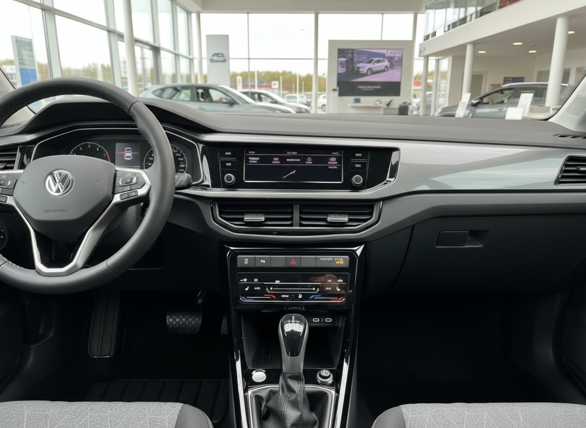 Volkswagen Innenraum mit Cockpit, Infotainment-Display und Automatikgetriebe im Autohaus