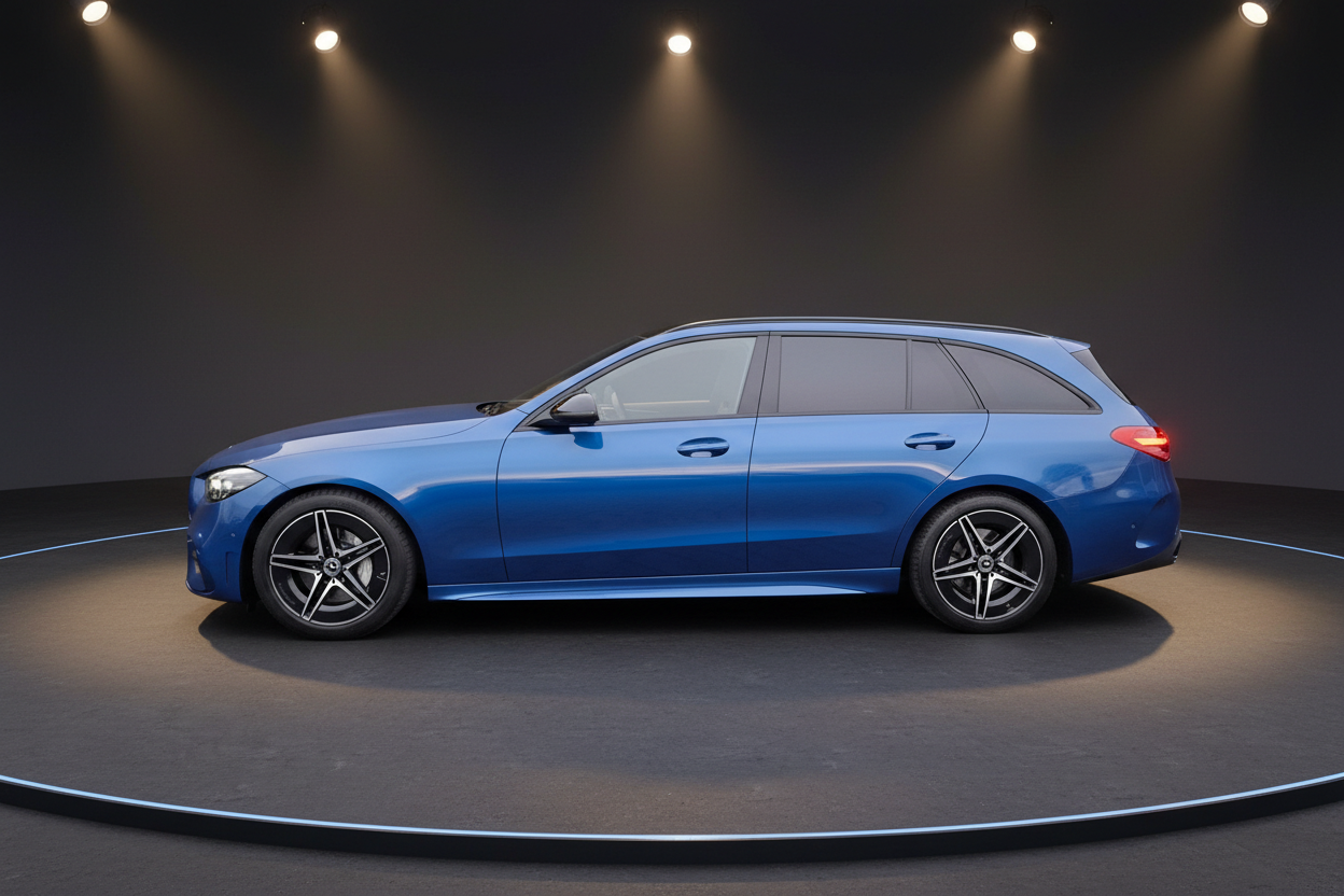 Blauer Mercedes-Benz C-Klasse Kombi Seitenansicht im Showroom mit AMG-Felgen und eleganter Studiobeleuchtung