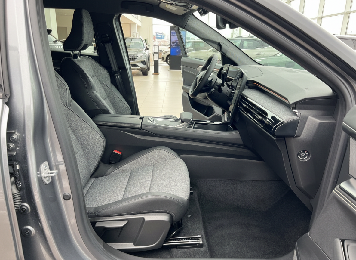 Fahrzeug-Innenraum mit grauen Stoffsitzen, modernem Cockpit und Lenkrad im Autohaus