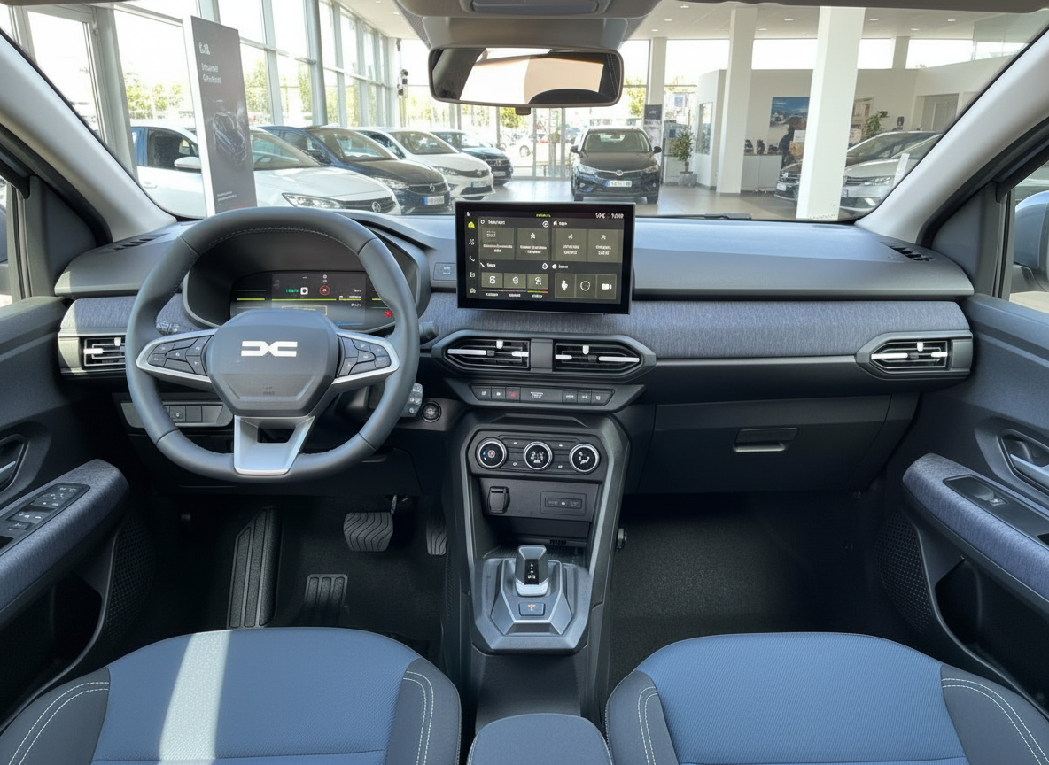 Dacia Innenraum mit Cockpit, Lenkrad, Touchscreen und blauen Stoffsitzen in modernem Design