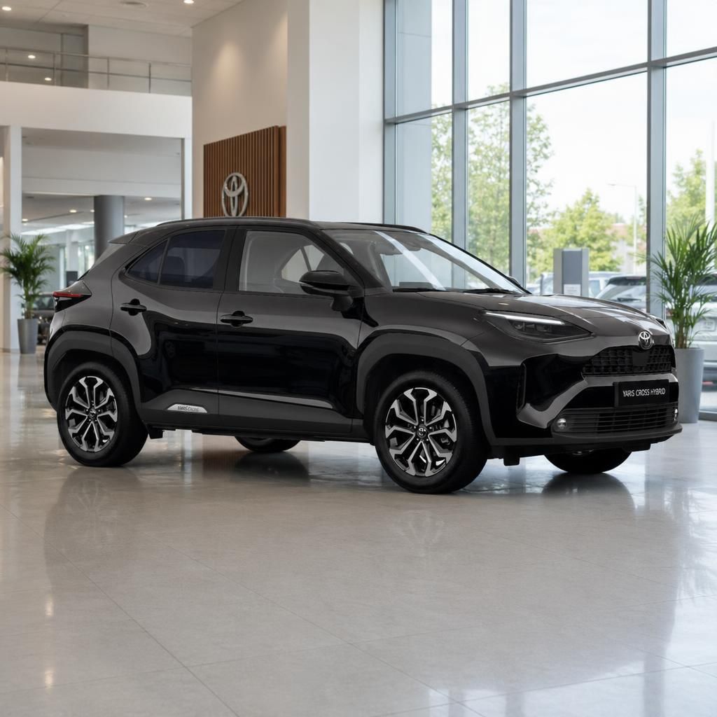 Toyota Yaris Cross Hybrid in schwarz, Frontansicht im Autohaus Showroom
