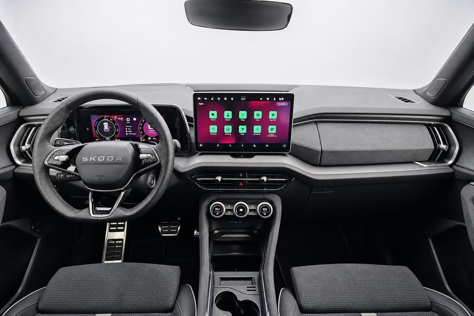 Skoda Cockpit mit Lenkrad und grossem Infotainment Touchscreen