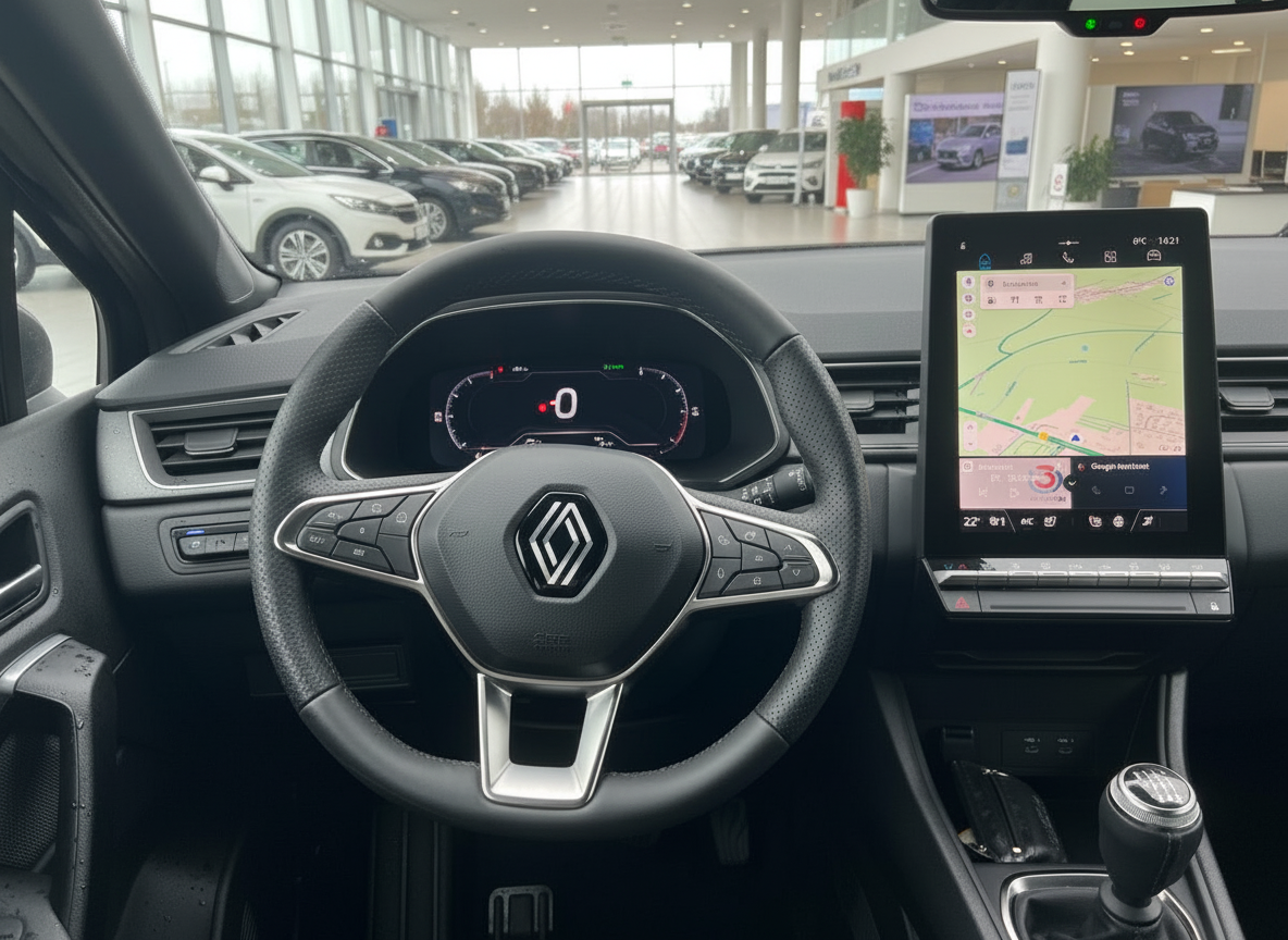 Renault Innenraum mit Lederlenkrad, digitalem Cockpit und großem Touchscreen-Navigationssystem